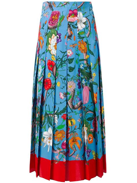 gucci blue pleated skirt red flowers sequins|Gucci skirts.